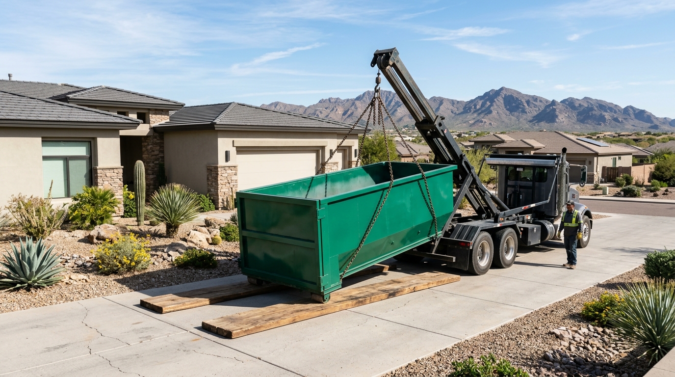 Atlas Dumpsters Roll-Off Container in Phoenix Driveway with Wood Protection Boards